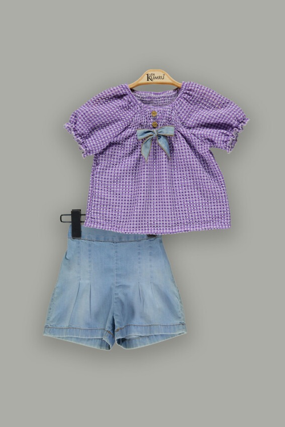 Toptan Kız Çocuk 2'li Ekose Bluz ve Denim Şort Takım 2-5Y Kumru Bebe 1075-3699 - 3