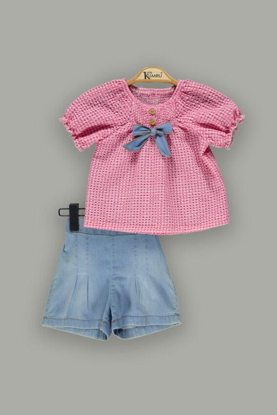 Toptan Kız Çocuk 2'li Ekose Bluz ve Denim Şort Takım 2-5Y Kumru Bebe 1075-3699 - 4