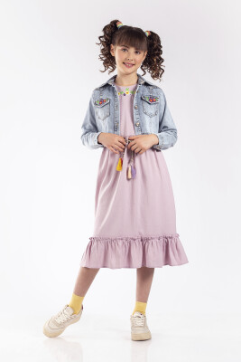 Toptan Kız Çocuk 2'li Elbise ve Kot Ceketli Takım 7-10Y Pafim 2041-Y23-3131 Lila