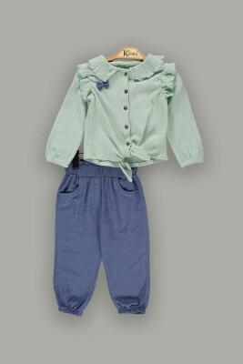 Toptan Kız Çocuk 2'li Fırfırlı Gömlek ve Pantolon Takım 2-5Y Kumru Bebe 1075-3831 Mint yeşili