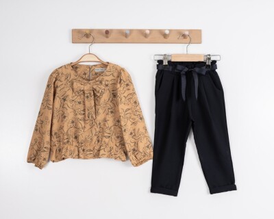 Toptan Kız Çocuk 2'li Fiyonk Bağlamalı Desenli Bluz ve Pantolon 3-7Y Moda Mira 1080-7028 Moda Mira 1 - Moda Mira (1)