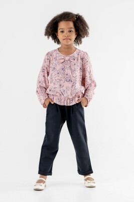 Toptan Kız Çocuk 2'li Fiyonk Bağlamalı Desenli Bluz ve Pantolon 3-7Y Moda Mira 1080-7028 Moda Mira 1 Pembe