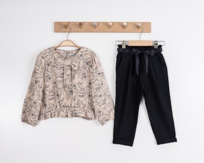 Toptan Kız Çocuk 2'li Fiyonk Bağlamalı Desenli Bluz ve Pantolon 3-7Y Moda Mira 1080-7028 Moda Mira 1 Bej