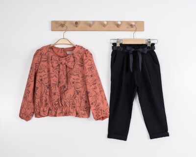 Toptan Kız Çocuk 2'li Fiyonk Bağlamalı Desenli Bluz ve Pantolon 3-7Y Moda Mira 1080-7028 Moda Mira 1 - 5