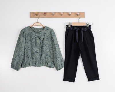 Toptan Kız Çocuk 2'li Fiyonk Bağlamalı Volanlı Bluz ve Pantolon Takım 8-12Y Moda Mira 1080-7029 Yeşil