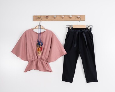 Toptan Kız Çocuk 2'li Geniş Kollu Bluz ve Pantolon 3-7Y Moda Mira 1080-7042 Gül Kurusu