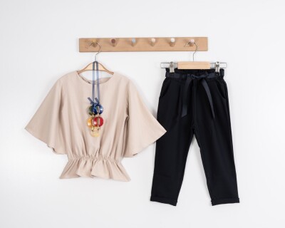 Toptan Kız Çocuk 2'li Geniş Kollu Bluz ve Pantolon 3-7Y Moda Mira 1080-7042 Bej