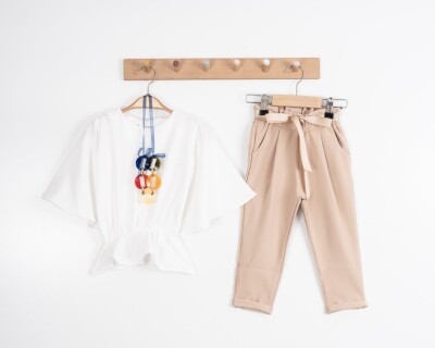 Toptan Kız Çocuk 2'li Geniş Kollu Bluz ve Pantolon 3-7Y Moda Mira 1080-7042 Ekru1