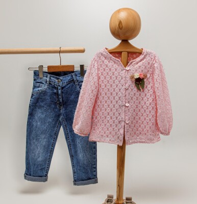 Toptan Kız Çocuk 2'li Gömlek ve Denim Pantolon 2-5Y Sani 1068-9805 - Sani