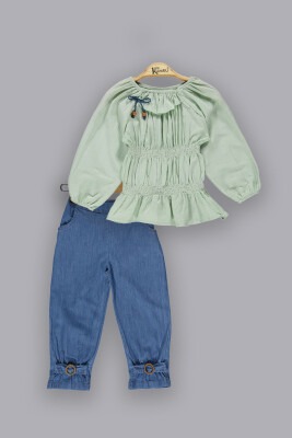 Toptan Kız Çocuk 2'li Gömlek ve Kot Pantolon 2-5Y Kumru Bebe 1075-3801 Mint yeşili