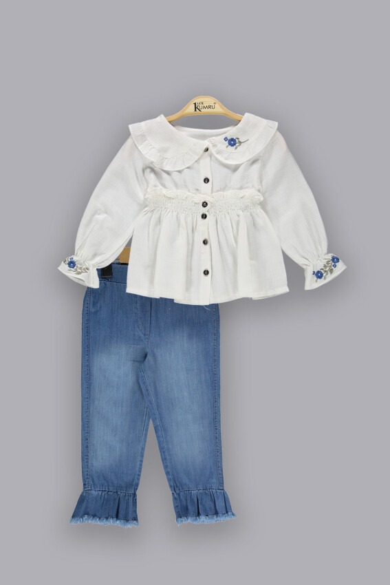 Toptan Kız Çocuk 2'li Gömlek ve Kot Pantolon Takım 2-5Y Kumru Bebe 1075-3804 - 4