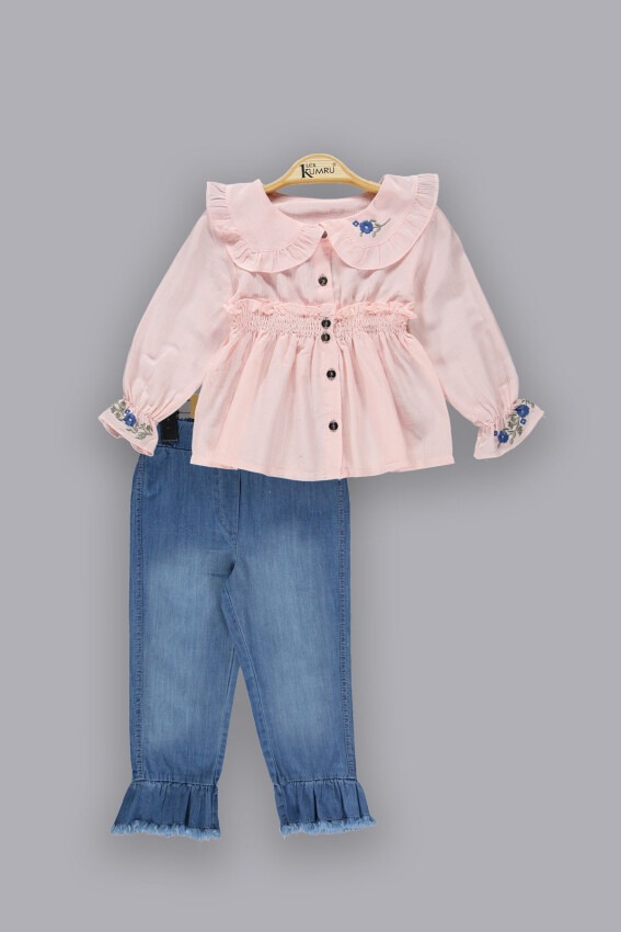 Toptan Kız Çocuk 2'li Gömlek ve Kot Pantolon Takım 2-5Y Kumru Bebe 1075-3804 - 6