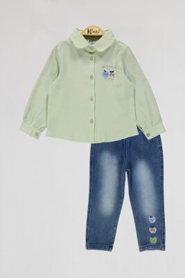 Toptan Kız Çocuk 2'li Gömlek ve Kot Pantolon Takım 2-5Y Kumru Bebe 1075-4035 Mint yeşili