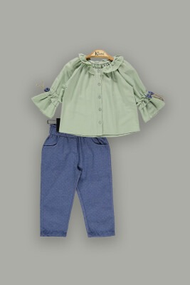 Toptan Kız Çocuk 2'li Gömlek ve Pantolon Takım 2-5Y Kumru Bebe 1075-3852 Mint yeşili