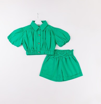 Toptan Kız Çocuk 2'li Gömlek ve Şort Takım 7-10Y Büşra Bebe 1016-24130 Yeşil