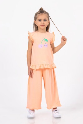 Toptan Kız Çocuk 2'li Kirazlı T-shirt ve Pantolon Takım 2-5Y Tuffy 1099-9554 - Tuffy