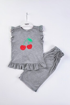 Toptan Kız Çocuk 2'li Kirazlı T-shirt ve Pantolon Takım 2-5Y Tuffy 1099-9554 - 3