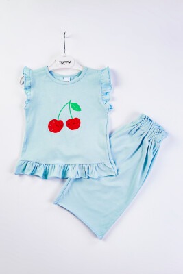 Toptan Kız Çocuk 2'li Kirazlı T-shirt ve Pantolon Takım 2-5Y Tuffy 1099-9554 Mavi
