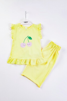 Toptan Kız Çocuk 2'li Kirazlı T-shirt ve Pantolon Takım 2-5Y Tuffy 1099-9554 Sarı