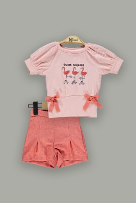 Toptan Kız Çocuk 2'li Kız Çocuk T-shirt ve Şort Takım 2-5Y Kumru Bebe 1075-3941 Pembe