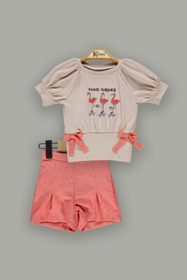 Toptan Kız Çocuk 2'li Kız Çocuk T-shirt ve Şort Takım 2-5Y Kumru Bebe 1075-3941 Bej