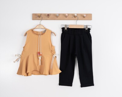 Toptan Kız Çocuk 2'li Kolsuz Bluz ve Pantolon Takım 2-6Y Moda Mira 1080-6091 Bal Köpüğü