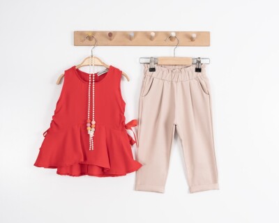 Toptan Kız Çocuk 2'li Kolsuz Bluz ve Pantolon Takım 2-6Y Moda Mira 1080-6091 Kırmızı