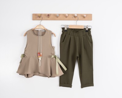 Toptan Kız Çocuk 2'li Kolsuz Bluz ve Pantolon Takım 2-6Y Moda Mira 1080-6091 Haki