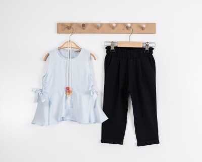 Toptan Kız Çocuk 2'li Kolsuz Bluz ve Pantolon Takım 2-6Y Moda Mira 1080-6091 Açık Mavi