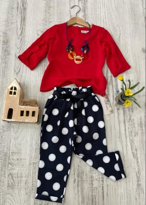 Toptan Kız Çocuk 2'li Kolu Fırfırlı Bluz ve Puanlı Pantolon Takım 2-6Y Moda Mira 1080-7046 Kırmızı