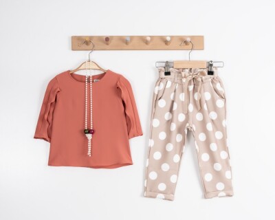 Toptan Kız Çocuk 2'li Kolu Fırfırlı Bluz ve Puanlı Pantolon Takım 2-6Y Moda Mira 1080-7046 - 2