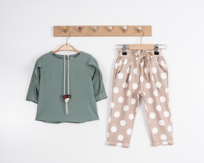 Toptan Kız Çocuk 2'li Kolu Fırfırlı Bluz ve Puanlı Pantolon Takım 2-6Y Moda Mira 1080-7046 - 3