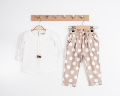 Toptan Kız Çocuk 2'li Kolu Fırfırlı Bluz ve Puanlı Pantolon Takım 2-6Y Moda Mira 1080-7046 - 6