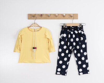 Toptan Kız Çocuk 2'li Kolu Fırfırlı Bluz ve Puanlı Pantolon Takım 2-6Y Moda Mira 1080-7046 Sarı
