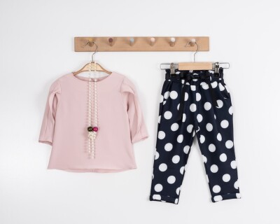 Toptan Kız Çocuk 2'li Kolu Fırfırlı Bluz ve Puanlı Pantolon Takım 2-6Y Moda Mira 1080-7046 Pudra