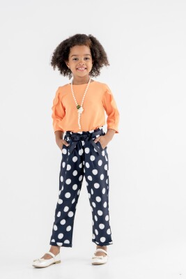 Toptan Kız Çocuk 2'li Kolu Fırfırlı Bluz ve Puanlı Pantolon Takım 2-6Y Moda Mira 1080-7046 - 1