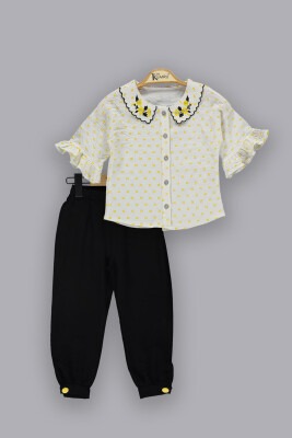 Toptan Kız Çocuk 2'li Nakışlı Gömlek ve Pantolon Takım 2-5Y Kumru Bebe 1075-3719 Sarı
