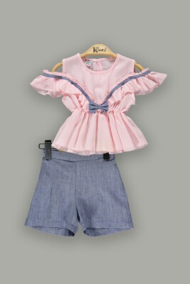 Toptan Kız Çocuk 2'li Omuz Detaylı Bluz ve Şort Takım 2-5Y Kumru Bebe 1075-3619 - Kumru Bebe