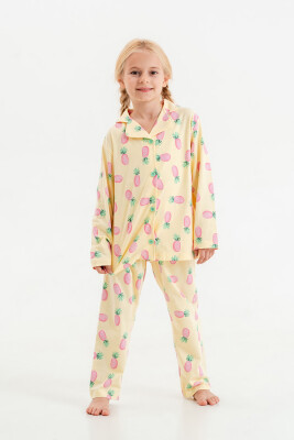 Toptan Kız Çocuk 2'li Pijama Takımı 6-9Y Tuffy 1099-1056 Açık Sarı