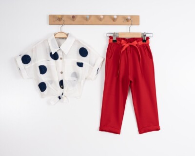 Toptan Kız Çocuk 2'li Puanlı Gömlek ve Pantolon Takım 3-7Y Moda Mira 1080-7080 Kırmızı