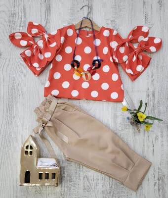 Toptan Kız Çocuk 2'li Puanlı Kolu Fiyonklu Bluz ve Pantolon Takım 3-7Y Moda Mira 1080-7053 - 2