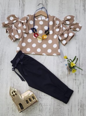 Toptan Kız Çocuk 2'li Puanlı Kolu Fiyonklu Bluz ve Pantolon Takım 3-7Y Moda Mira 1080-7053 - 3
