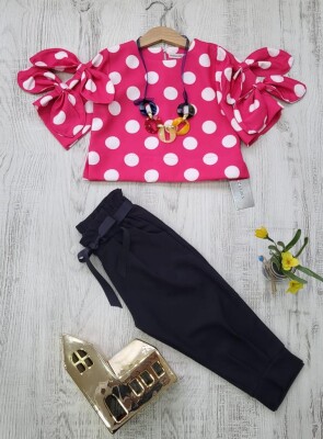 Toptan Kız Çocuk 2'li Puanlı Kolu Fiyonklu Bluz ve Pantolon Takım 3-7Y Moda Mira 1080-7053 Fuşya