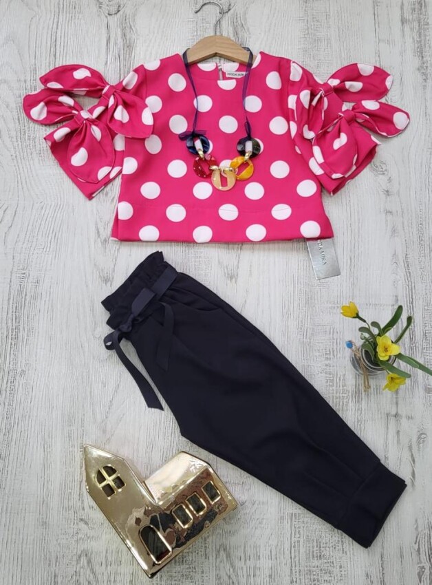 Toptan Kız Çocuk 2'li Puanlı Kolu Fiyonklu Bluz ve Pantolon Takım 3-7Y Moda Mira 1080-7053 - 4