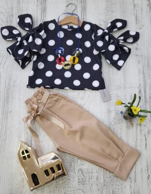 Toptan Kız Çocuk 2'li Puanlı Kolu Fiyonklu Bluz ve Pantolon Takım 3-7Y Moda Mira 1080-7053 Lacivert