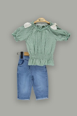 Toptan Kız Çocuk 2'li Puantiyeli Bluz ve Kot Şort Takım 2-5Y Kumru Bebe 1075-3803 Mint yeşili