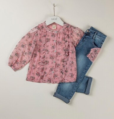 Toptan Kız Çocuk 2'li Set Çiçekli Bluz ve Kot Pantolon 2-5Y Sani 1068-9787 Pembe