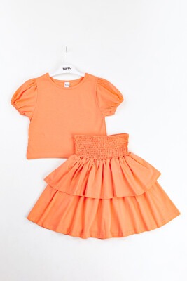 Toptan Kız Çocuk 2'li Tişört ve Etek Takım 10-13Y Tuffy 1099-9662 Orange