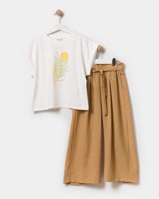 Toptan Kız Çocuk 2'li Tişört ve Pantolon Takımı 7-10Y Miniloox 1054-24809 Bej