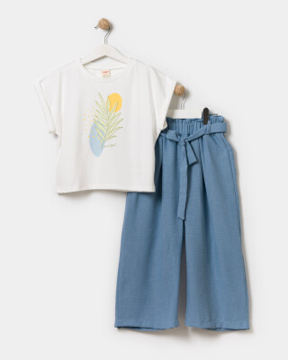 Toptan Kız Çocuk 2'li Tişört ve Pantolon Takımı 7-10Y Miniloox 1054-24809 Gri-Mavi